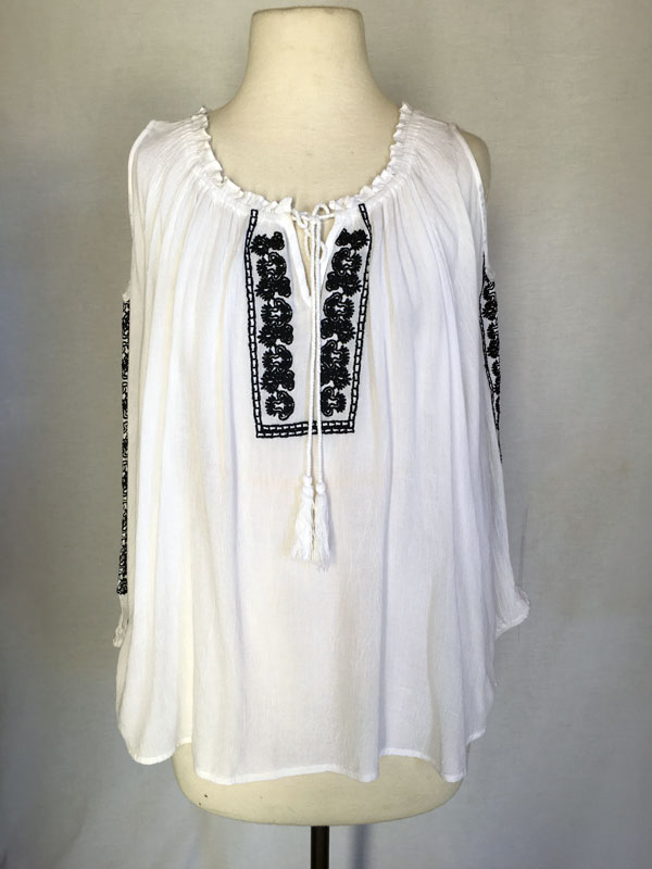 White Tunic Top with Navy emb on neck & Arm cold shoulder